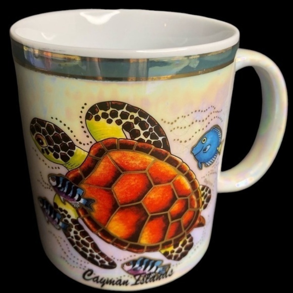 Beautiful Cayman Islands Souvenir Mug Sea Turtle Tropical Fish in EUC